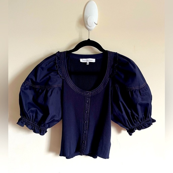 sofie the label Tops - Sofie The Label Blue Exaggerated Puff Sleeve Cropped Button Up Blouse Sz  L EUC
